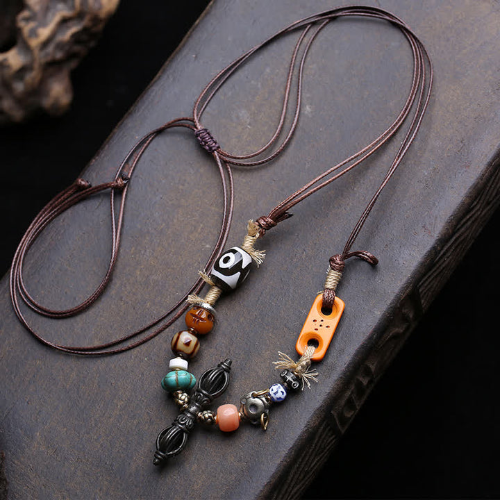 Buddha Stones Tybetański naszyjnik z trzema koralikami Dzi Vajra Luck - Ok. 46 × 10 mm - image 0