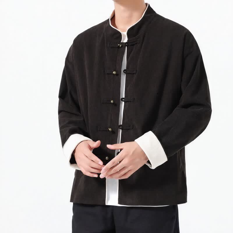 Buddha Stones Jesień Zima Swobodny Styl Tang Żaba Guzik Solid Corduroy Męskie Kurtki Z Kieszeniami - image 12