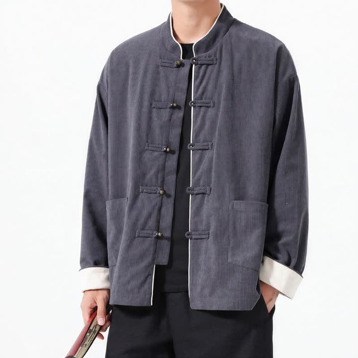 Buddha Stones Jesień Zima Swobodny Styl Tang Żaba Guzik Solid Corduroy Męskie Kurtki Z Kieszeniami - DimGray - US/UK/AU46， EU56 (5XL) - image 0