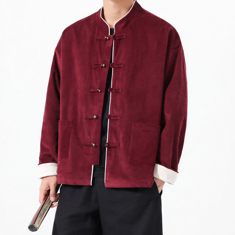Buddha Stones Jesień Zima Swobodny Styl Tang Żaba Guzik Solid Corduroy Męskie Kurtki Z Kieszeniami - Kasztanowaty - US/UK/AU46， EU56 (5XL) - image 6