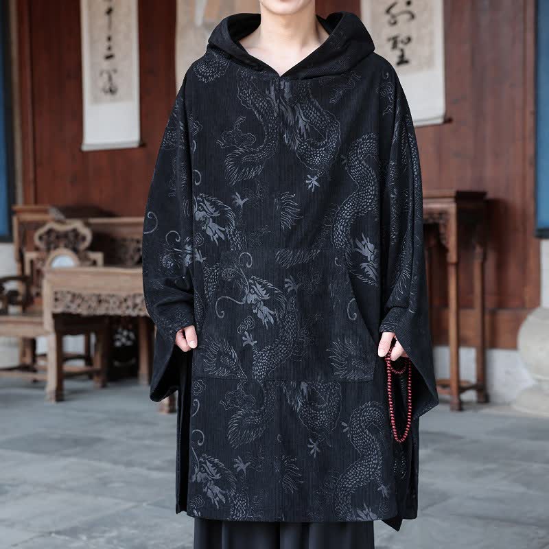 Buddha Stones Bluzy z kapturem z długim rękawem dla mężczyzn w stylu vintage i sztruksu na jesień i zimę - Czarny - US/UK/AU50, EU60 (5XL) - image 0