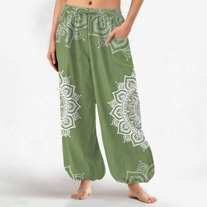 Buddha Stones Bawełniane spodnie haremki damskie w stylu boho z białym wzorem mandali, z elastyczną talią i bocznymi kieszeniami - DarkSeaGreen - US16, UK/AU20, EU48 (3XL) - image 7