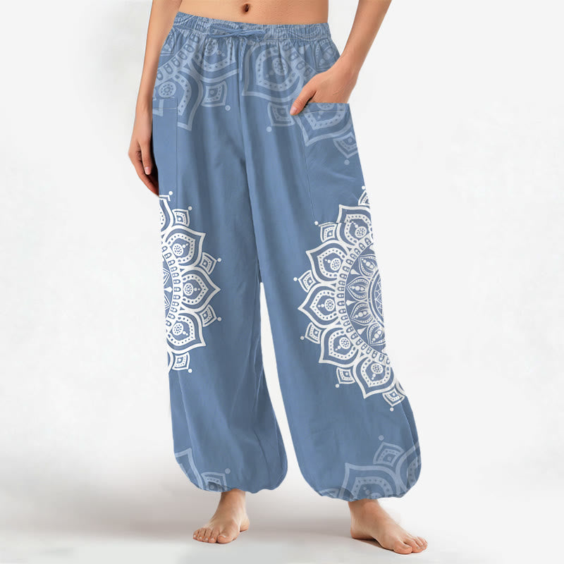 Buddha Stones Bawełniane spodnie haremki damskie w stylu boho z białym wzorem mandali, z elastyczną talią i bocznymi kieszeniami - LightSteelBlue - US16, UK/AU20, EU48 (3XL) - image 10