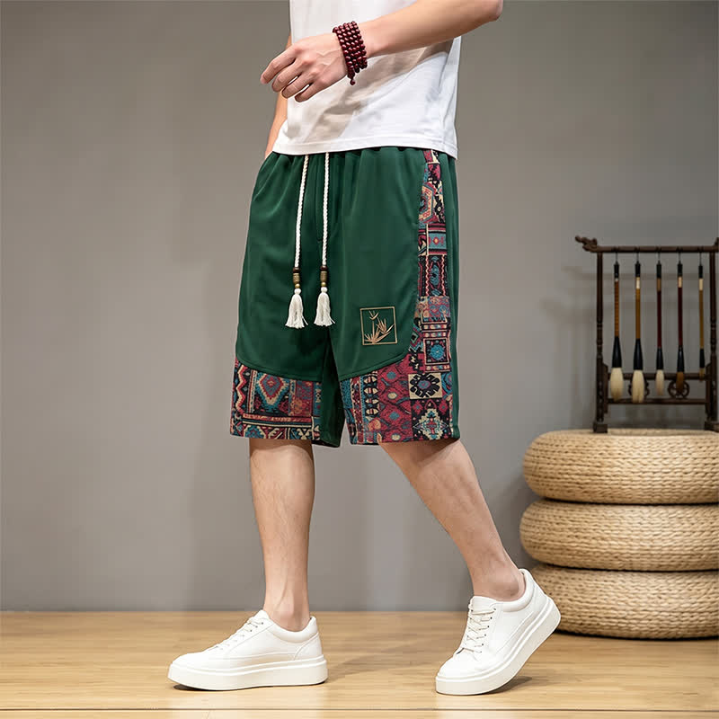 Buddha Stones Letnie męskie spodenki w stylu boho ze ściągaczem i elastyczną talią, geometrycznym wykończeniem i kieszeniami - ForestGreen - US/UK/AU46, EU56 (5XL) - image 0