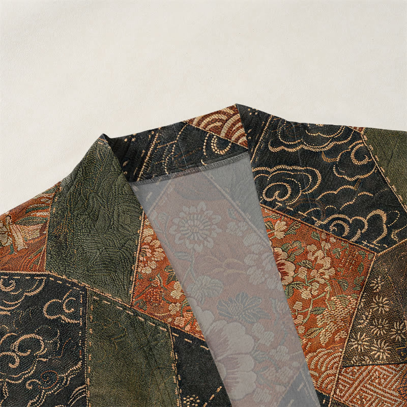 Buddha Stones Bawełniane kimono męskie w stylu vintage z falami i patchworkowym wzorem z otwartym przodem - image 3