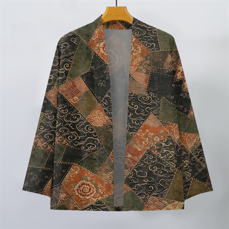 Buddha Stones Bawełniane kimono męskie w stylu vintage z falami i patchworkowym wzorem z otwartym przodem - image 1