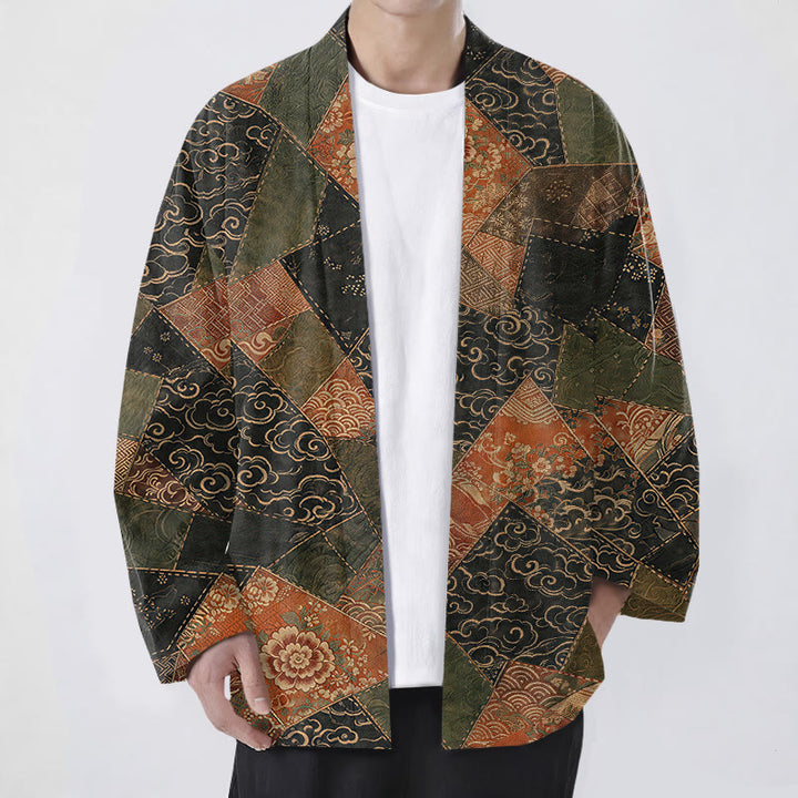 Buddha Stones Bawełniane kimono męskie w stylu vintage z falami i patchworkowym wzorem z otwartym przodem - Czarny - US/UK/AU48， EU58 (4XL) - image 0