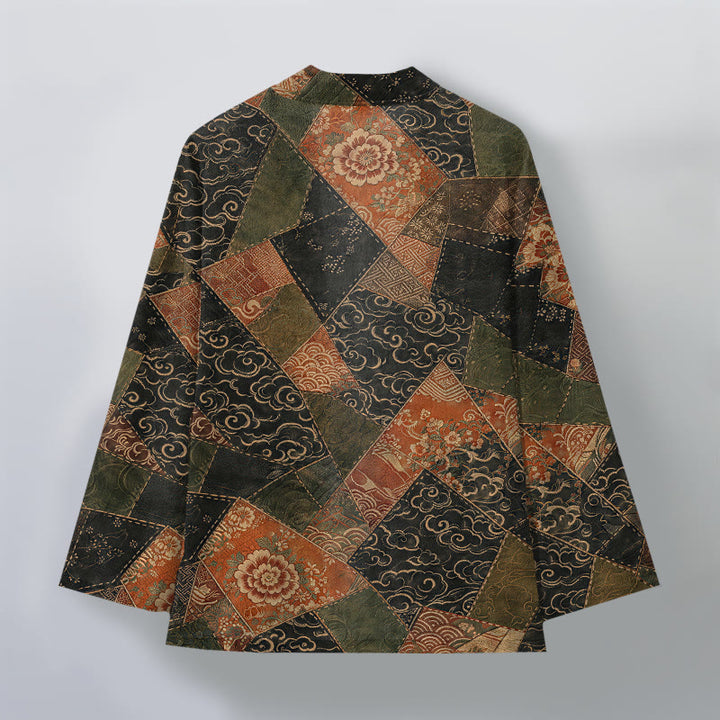 Buddha Stones Bawełniane kimono męskie w stylu vintage z falami i patchworkowym wzorem z otwartym przodem - image 2