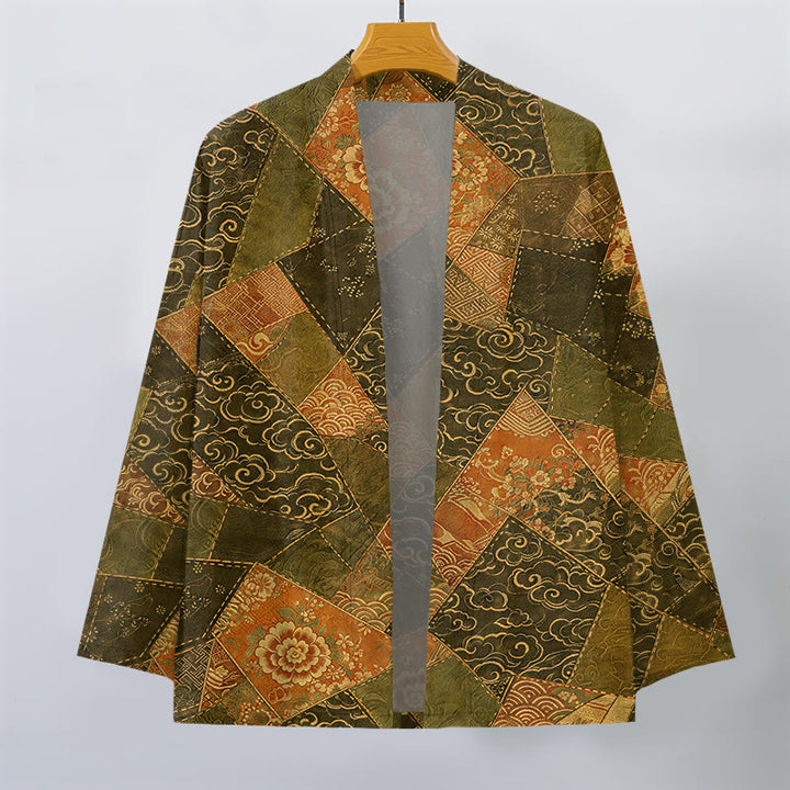 Buddha Stones Bawełniane kimono męskie w stylu vintage z falami i patchworkowym wzorem z otwartym przodem - image 7
