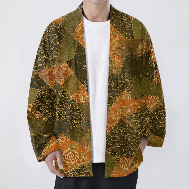 Buddha Stones Bawełniane kimono męskie w stylu vintage z falami i patchworkowym wzorem z otwartym przodem - DarkOliveGreen - US/UK/AU48， EU58 (4XL) - image 6