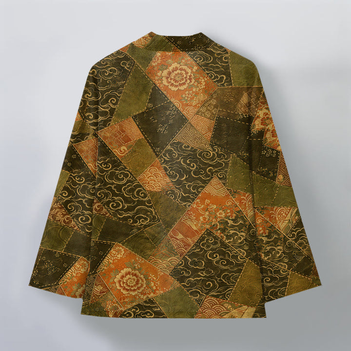 Buddha Stones Bawełniane kimono męskie w stylu vintage z falami i patchworkowym wzorem z otwartym przodem - image 8