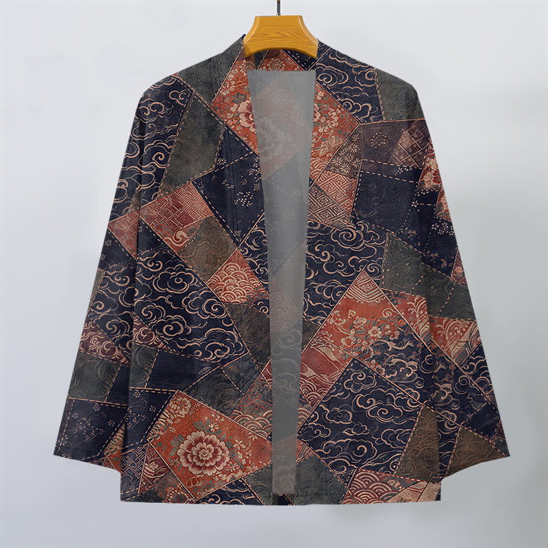 Buddha Stones Bawełniane kimono męskie w stylu vintage z falami i patchworkowym wzorem z otwartym przodem - image 10