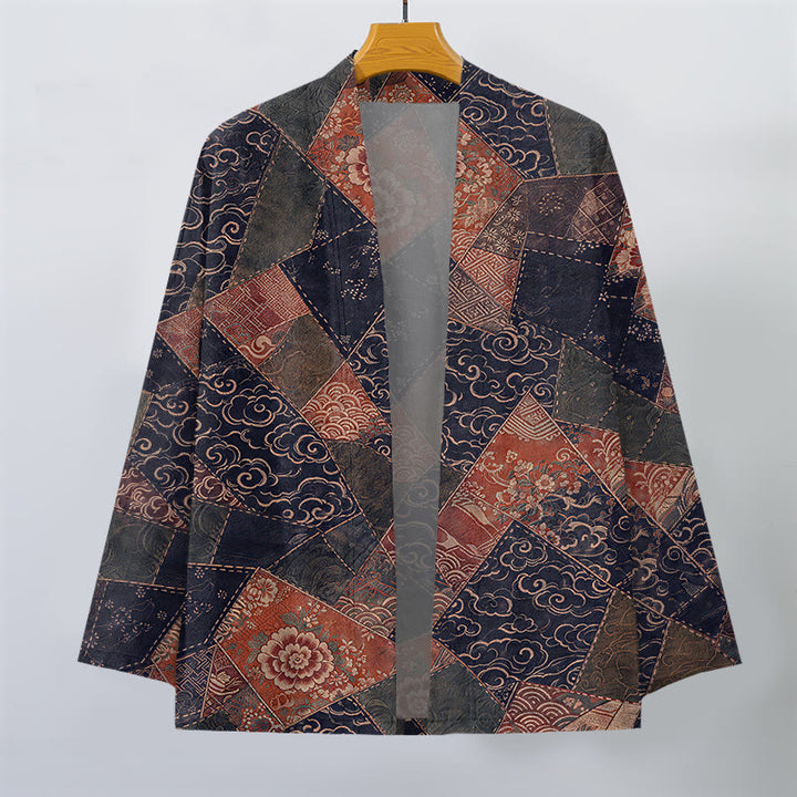 Buddha Stones Bawełniane kimono męskie w stylu vintage z falami i patchworkowym wzorem z otwartym przodem - image 10