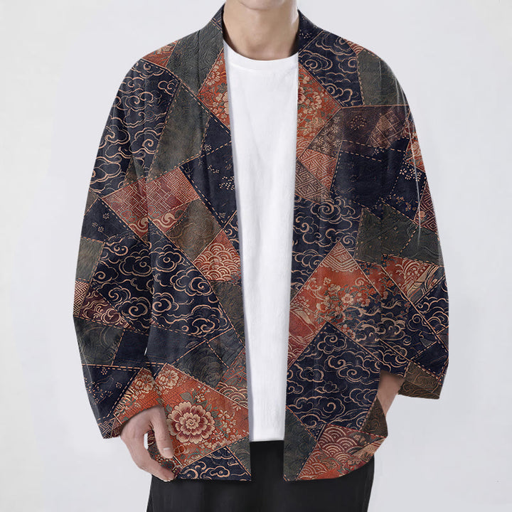 Buddha Stones Bawełniane kimono męskie w stylu vintage z falami i patchworkowym wzorem z otwartym przodem - Marynarka wojenna - US/UK/AU48， EU58 (4XL) - image 9