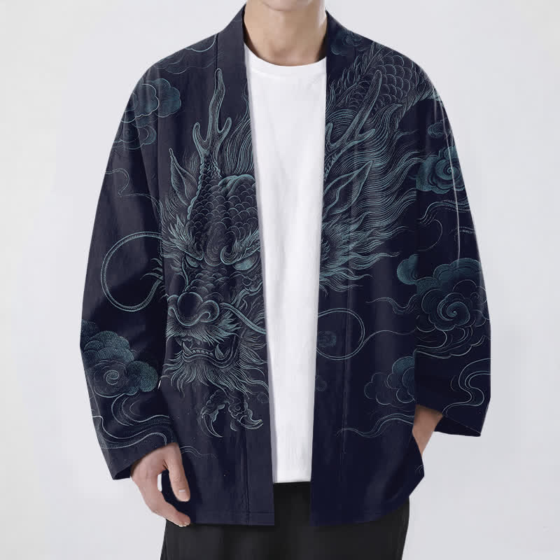 Buddha Stones Bawełniane kimono męskie z odkrytym przodem i wzorem starożytnego smoka - Marynarka wojenna - US/UK/AU48， EU58 (4XL) - image 0