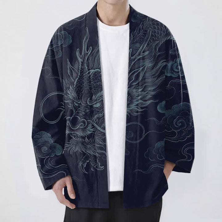 Buddha Stones Bawełniane kimono męskie z odkrytym przodem i wzorem starożytnego smoka - Marynarka wojenna - US/UK/AU48， EU58 (4XL) - image 0