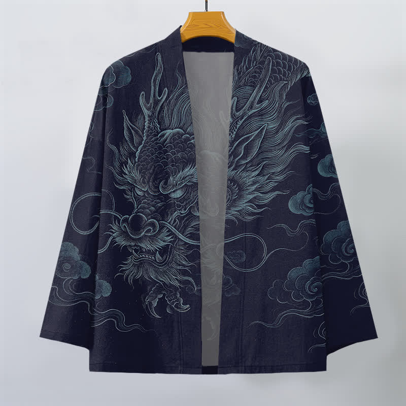 Buddha Stones Bawełniane kimono męskie z odkrytym przodem i wzorem starożytnego smoka - image 1