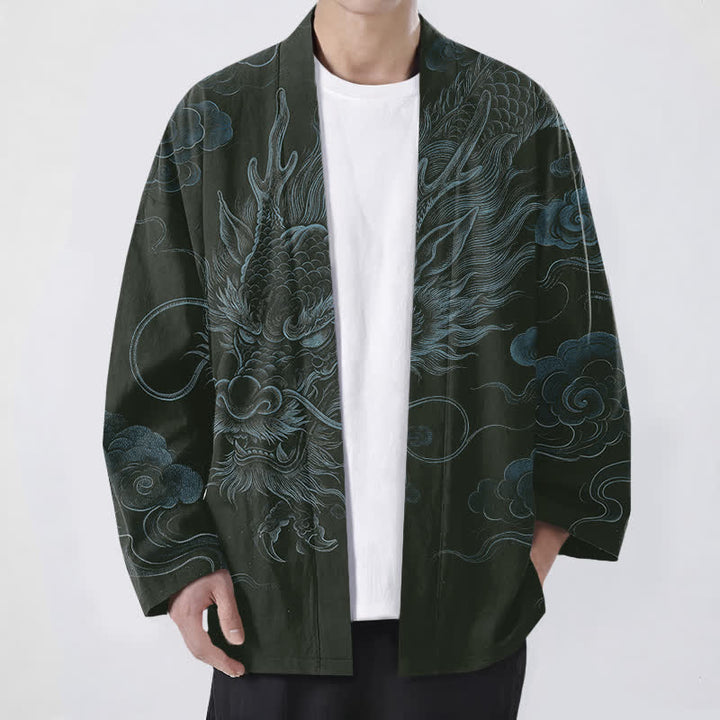 Buddha Stones Bawełniane kimono męskie z odkrytym przodem i wzorem starożytnego smoka - Ciemnozielony - US/UK/AU48， EU58 (4XL) - image 6