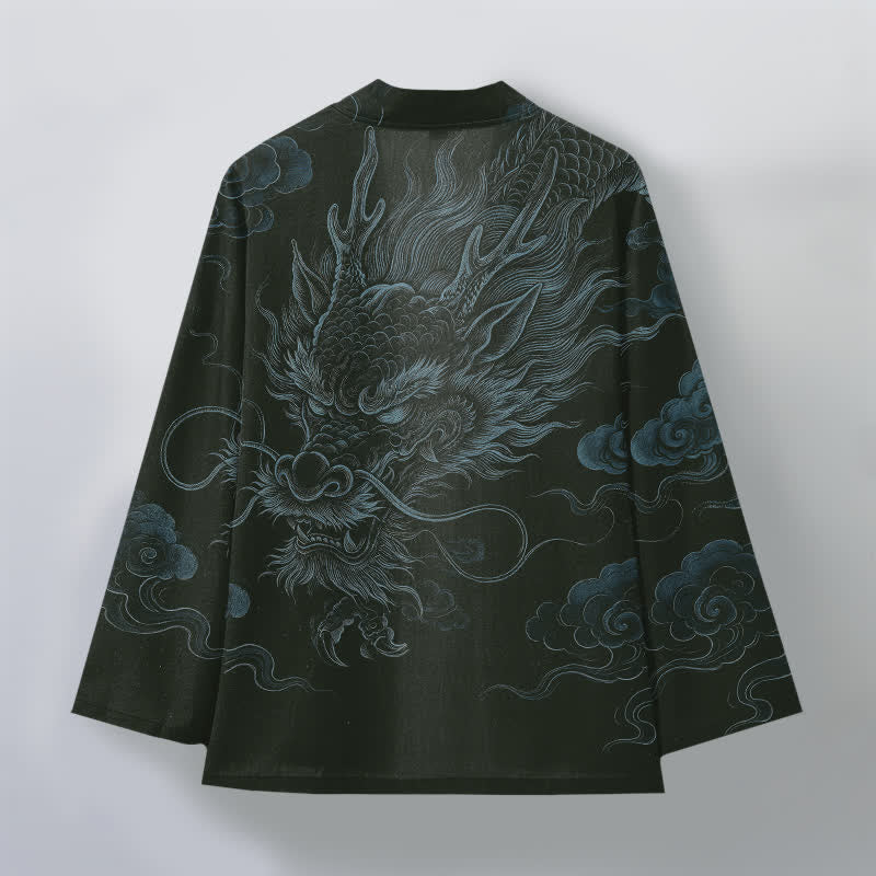 Buddha Stones Bawełniane kimono męskie z odkrytym przodem i wzorem starożytnego smoka - image 8