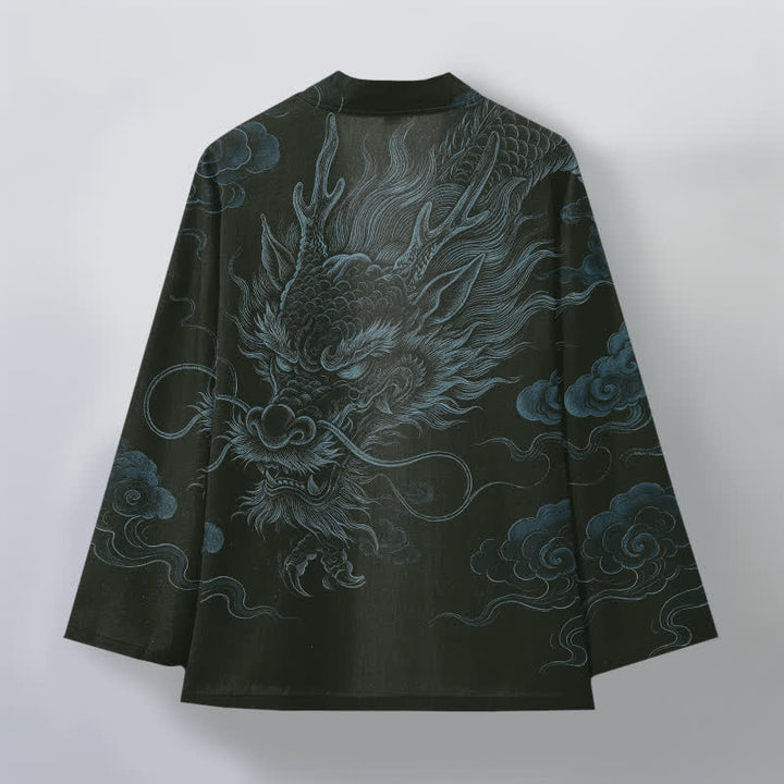 Buddha Stones Bawełniane kimono męskie z odkrytym przodem i wzorem starożytnego smoka - image 8