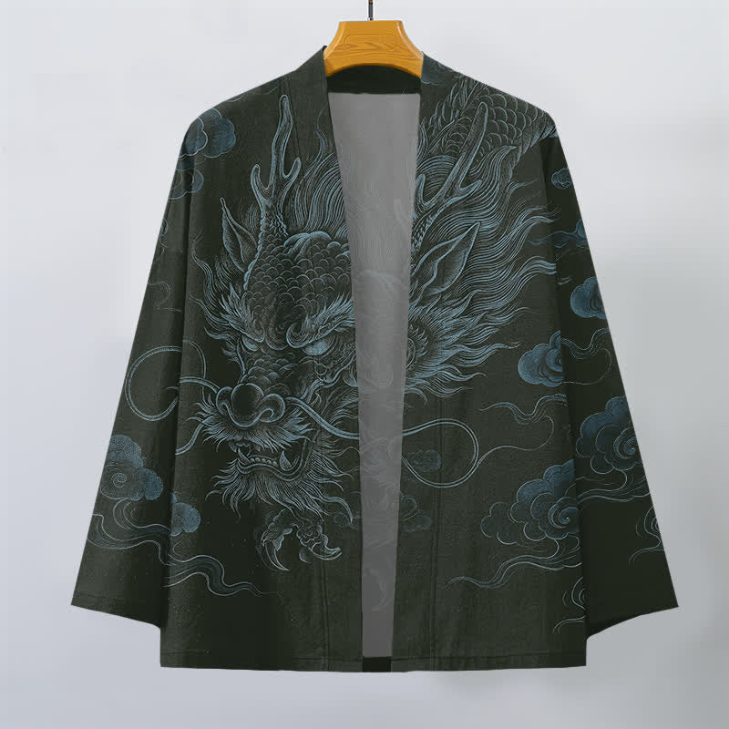Buddha Stones Bawełniane kimono męskie z odkrytym przodem i wzorem starożytnego smoka - image 7