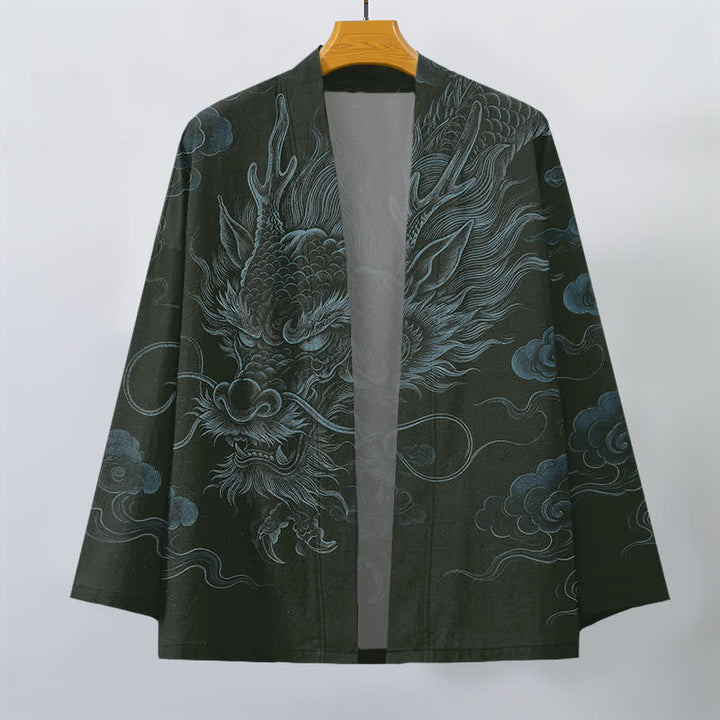 Buddha Stones Bawełniane kimono męskie z odkrytym przodem i wzorem starożytnego smoka - image 7