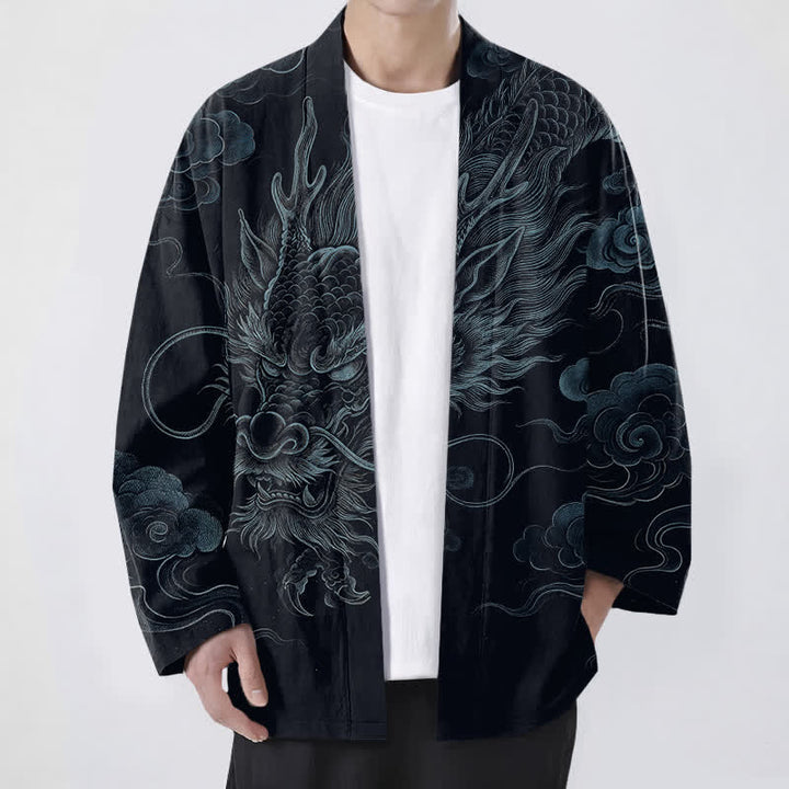 Buddha Stones Bawełniane kimono męskie z odkrytym przodem i wzorem starożytnego smoka - Czarny - US/UK/AU48， EU58 (4XL) - image 9