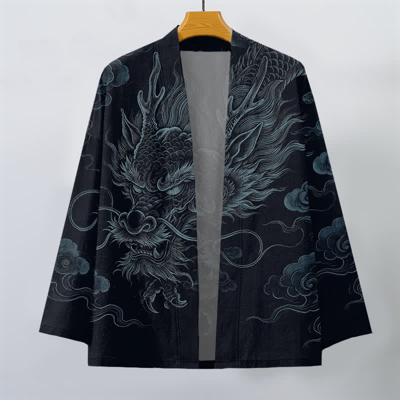 Buddha Stones Bawełniane kimono męskie z odkrytym przodem i wzorem starożytnego smoka - image 10