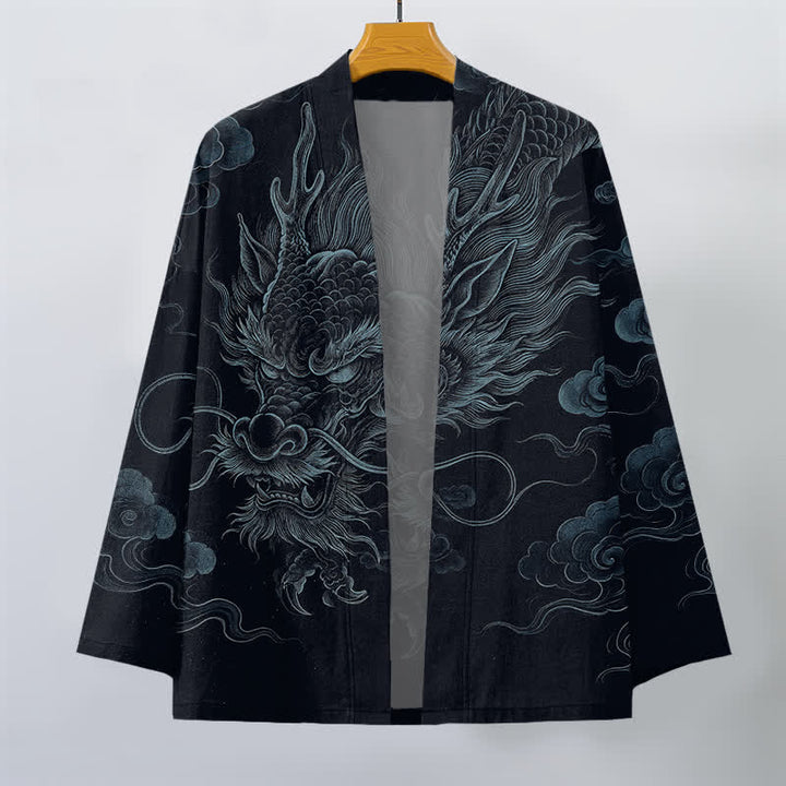 Buddha Stones Bawełniane kimono męskie z odkrytym przodem i wzorem starożytnego smoka - image 10