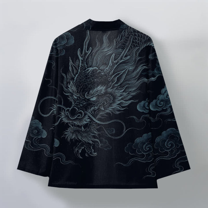 Buddha Stones Bawełniane kimono męskie z odkrytym przodem i wzorem starożytnego smoka - image 11