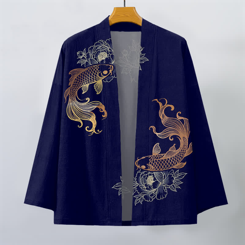 Buddha Stones Bawełniane kimono męskie z odkrytym przodem i wzorem Twin Koi Blossom - image 1