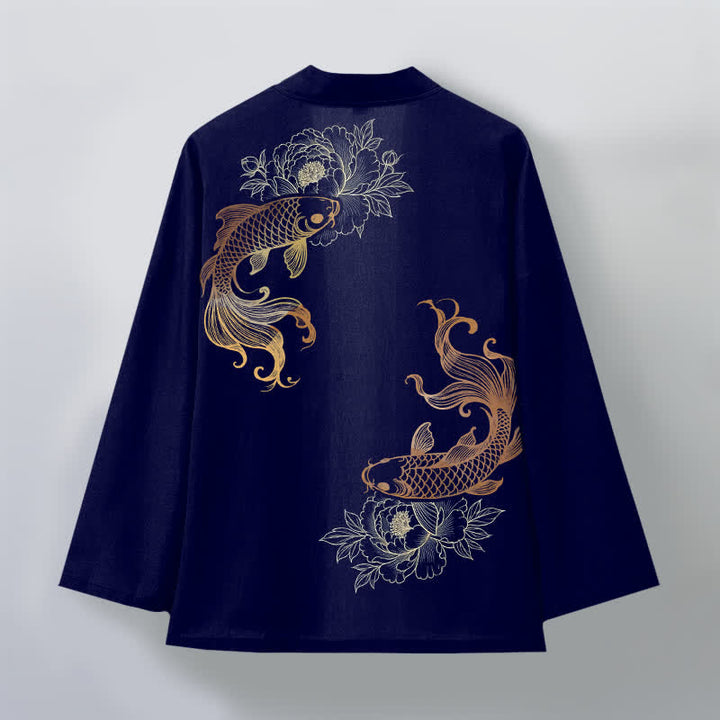 Buddha Stones Bawełniane kimono męskie z odkrytym przodem i wzorem Twin Koi Blossom - image 2
