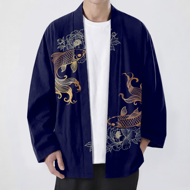 Buddha Stones Bawełniane kimono męskie z odkrytym przodem i wzorem Twin Koi Blossom - Marynarka wojenna - US/UK/AU48， EU58 (4XL) - image 0