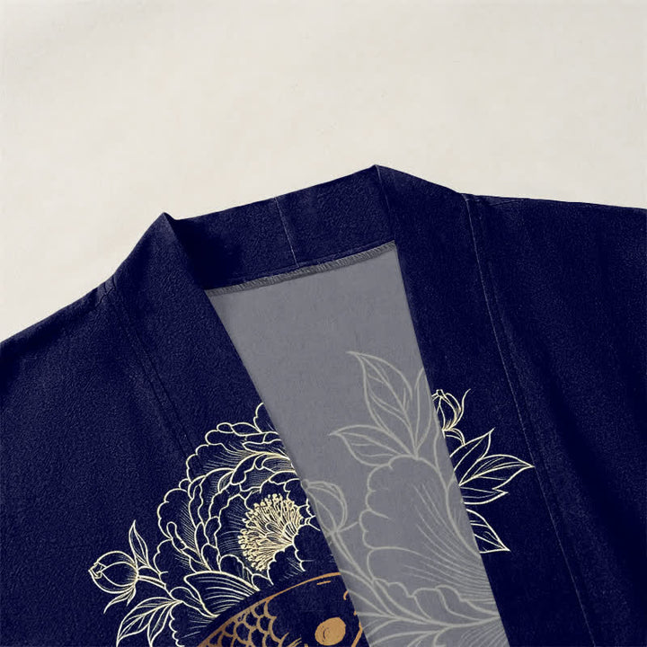 Buddha Stones Bawełniane kimono męskie z odkrytym przodem i wzorem Twin Koi Blossom - image 3