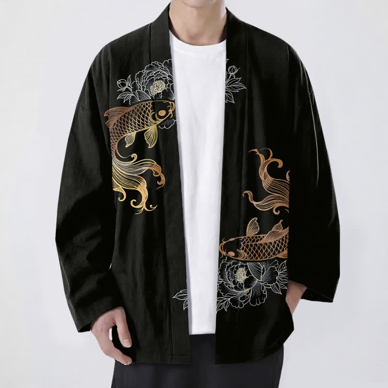 Buddha Stones Bawełniane kimono męskie z odkrytym przodem i wzorem Twin Koi Blossom - Czarny - US/UK/AU48， EU58 (4XL) - image 6