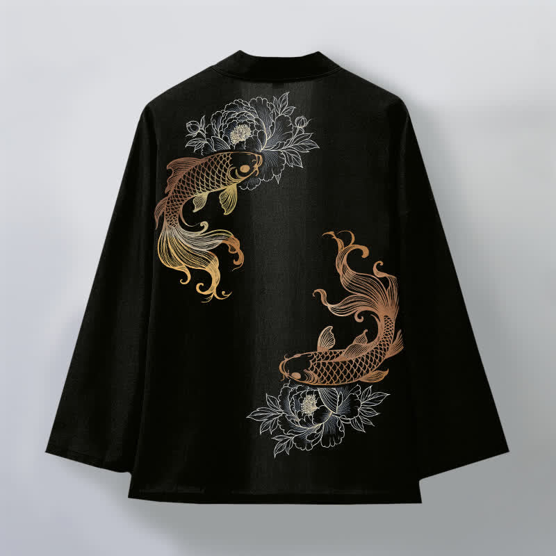 Buddha Stones Bawełniane kimono męskie z odkrytym przodem i wzorem Twin Koi Blossom - image 8