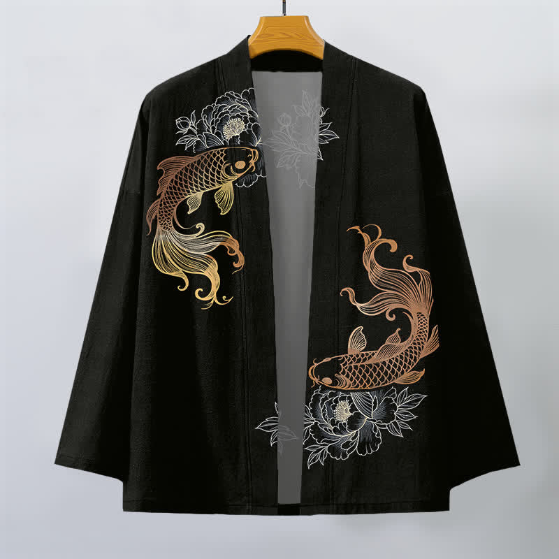 Buddha Stones Bawełniane kimono męskie z odkrytym przodem i wzorem Twin Koi Blossom - image 7