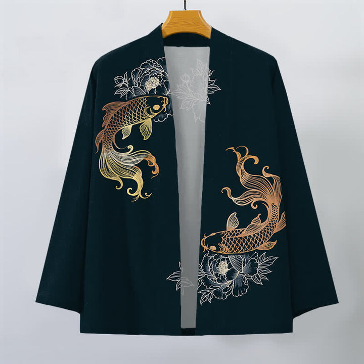 Buddha Stones Bawełniane kimono męskie z odkrytym przodem i wzorem Twin Koi Blossom - image 10