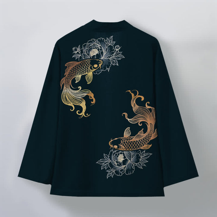 Buddha Stones Bawełniane kimono męskie z odkrytym przodem i wzorem Twin Koi Blossom - image 11