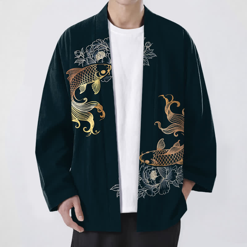 Buddha Stones Bawełniane kimono męskie z odkrytym przodem i wzorem Twin Koi Blossom - DarkSlateGray - US/UK/AU48， EU58 (4XL) - image 9