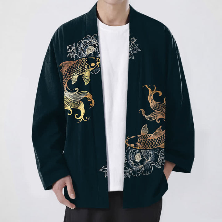 Buddha Stones Bawełniane kimono męskie z odkrytym przodem i wzorem Twin Koi Blossom - DarkSlateGray - US/UK/AU48， EU58 (4XL) - image 9