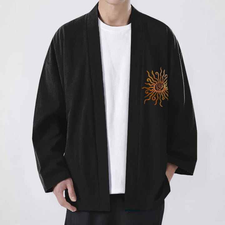 Buddha Stones Bawełniane kimono męskie z odkrytym przodem i złotym wzorem słonecznym - Czarny - US/UK/AU48， EU58 (4XL) - image 0