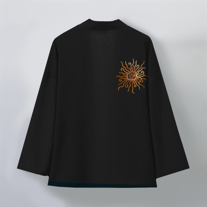 Buddha Stones Bawełniane kimono męskie z odkrytym przodem i złotym wzorem słonecznym - image 2