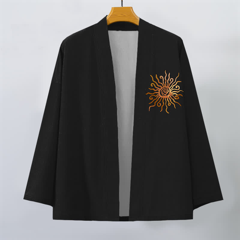 Buddha Stones Bawełniane kimono męskie z odkrytym przodem i złotym wzorem słonecznym - image 1