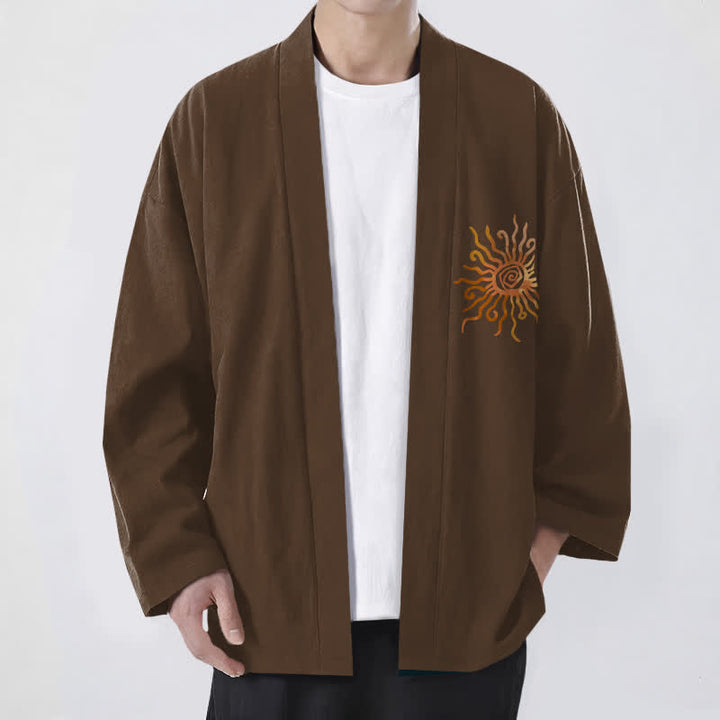 Buddha Stones Bawełniane kimono męskie z odkrytym przodem i złotym wzorem słonecznym - SaddleBrown - US/UK/AU48， EU58 (4XL) - image 6