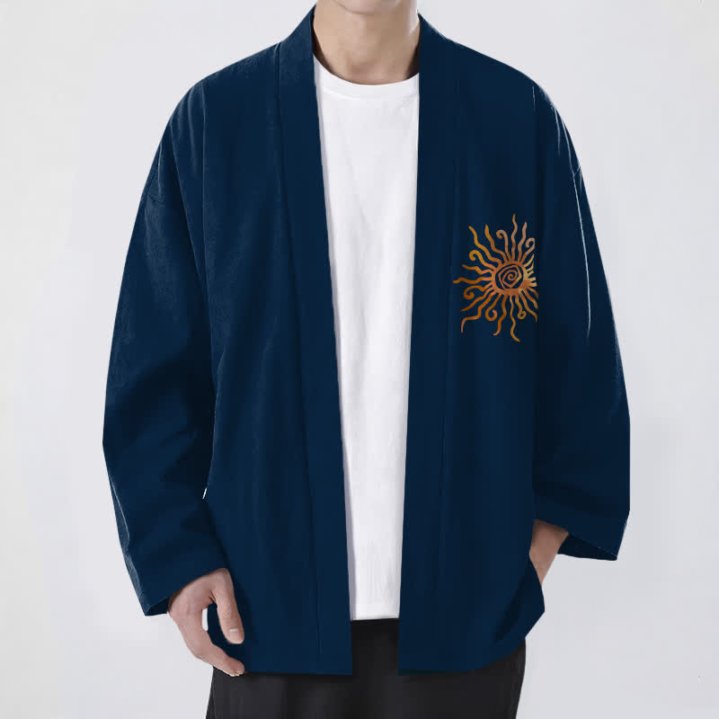 Buddha Stones Bawełniane kimono męskie z odkrytym przodem i złotym wzorem słonecznym - Marynarka wojenna - US/UK/AU48， EU58 (4XL) - image 9