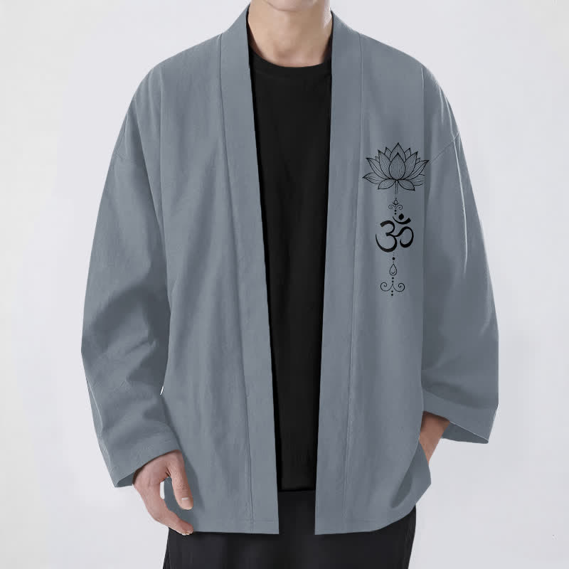 Buddha Stones Bawełniane kimono męskie z odkrytym przodem i wzorem lotosu Zen - Łupkowoszary - US/UK/AU48， EU58 (4XL) - image 0