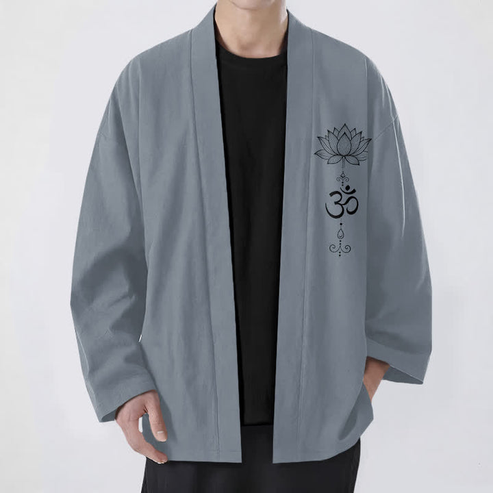 Buddha Stones Bawełniane kimono męskie z odkrytym przodem i wzorem lotosu Zen - Łupkowoszary - US/UK/AU48， EU58 (4XL) - image 0