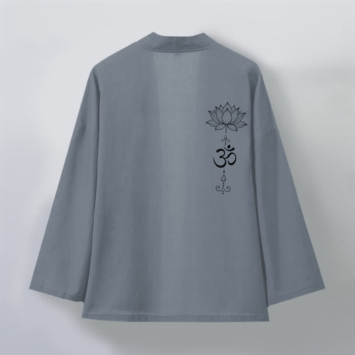 Buddha Stones Bawełniane kimono męskie z odkrytym przodem i wzorem lotosu Zen - image 2