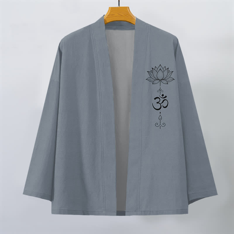 Buddha Stones Bawełniane kimono męskie z odkrytym przodem i wzorem lotosu Zen - image 1